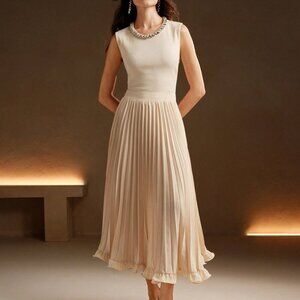 Apricot Elegant Women's Color Pleated Woven Ruffle Hem Skirt